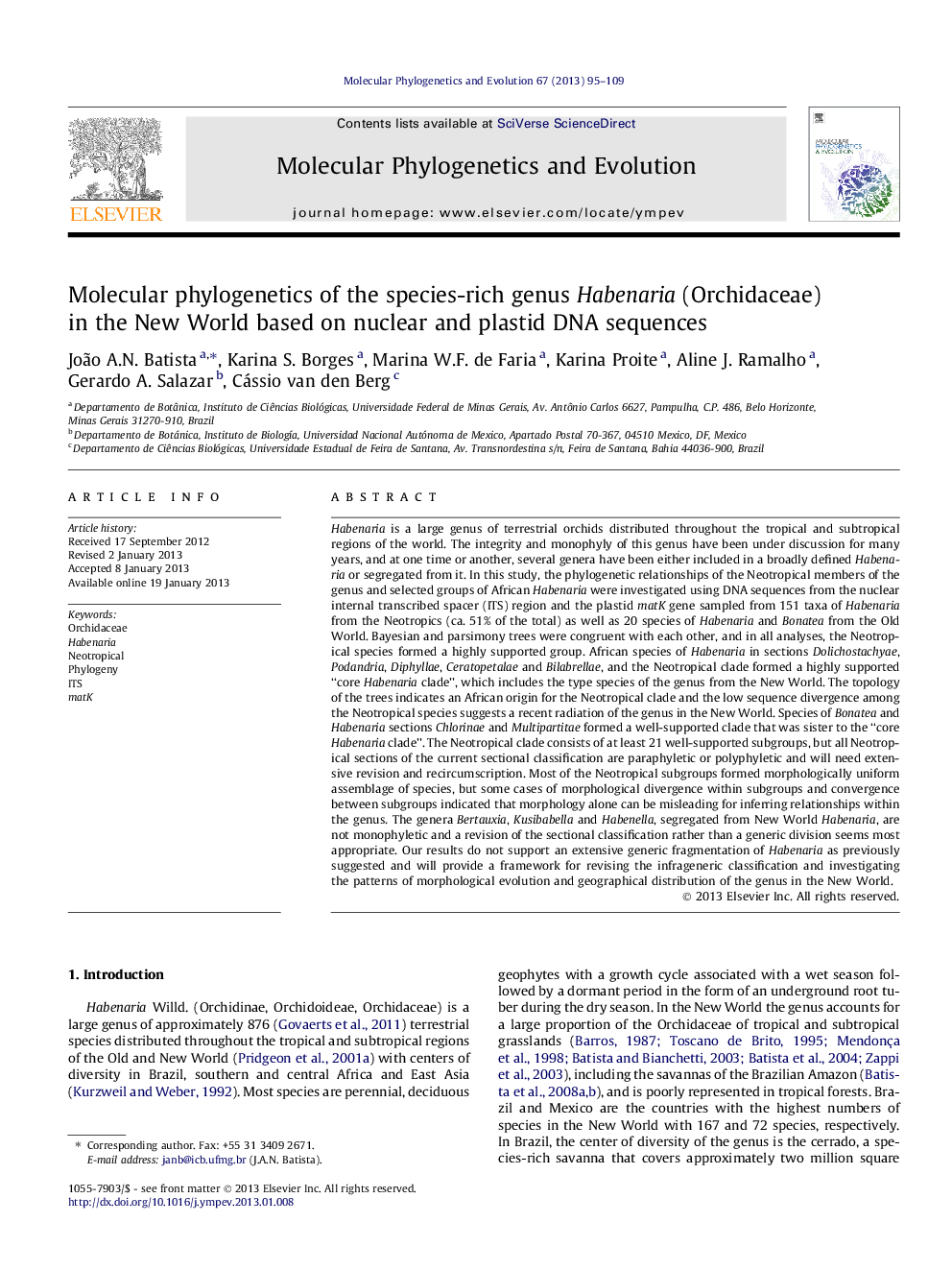 Molecular phylogenetics of the species-rich genus Habenaria (Orchidaceae) in the New World based on nuclear and plastid DNA sequences