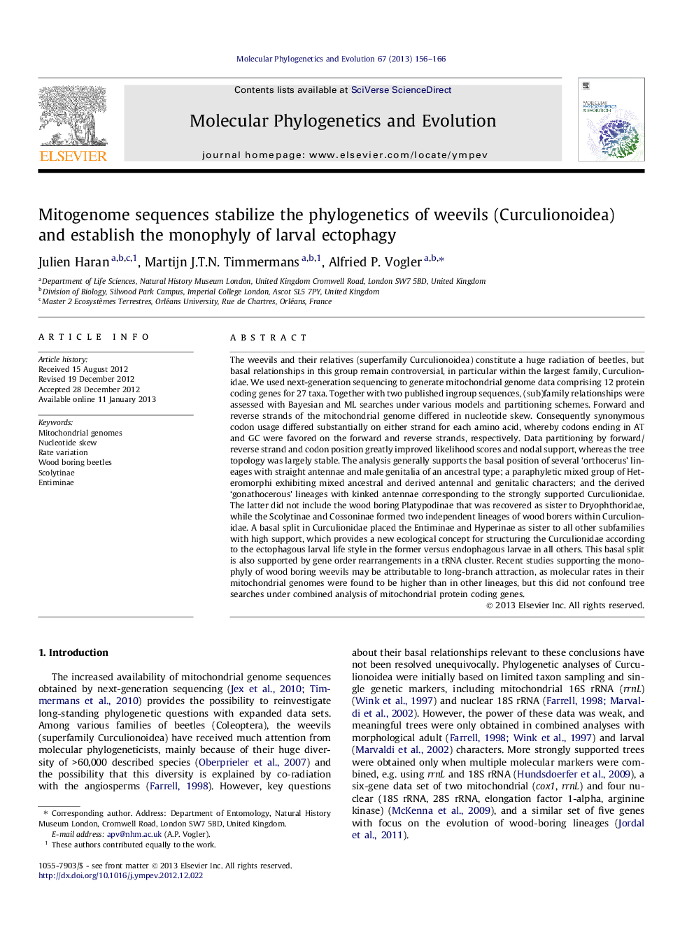 Mitogenome sequences stabilize the phylogenetics of weevils (Curculionoidea) and establish the monophyly of larval ectophagy