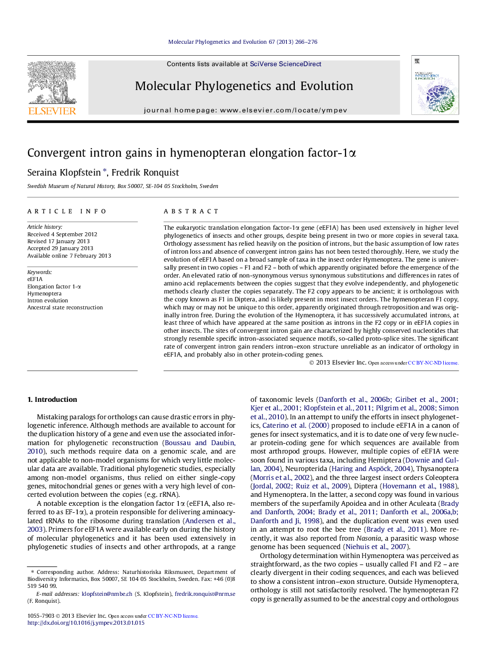 Convergent intron gains in hymenopteran elongation factor-1Î±