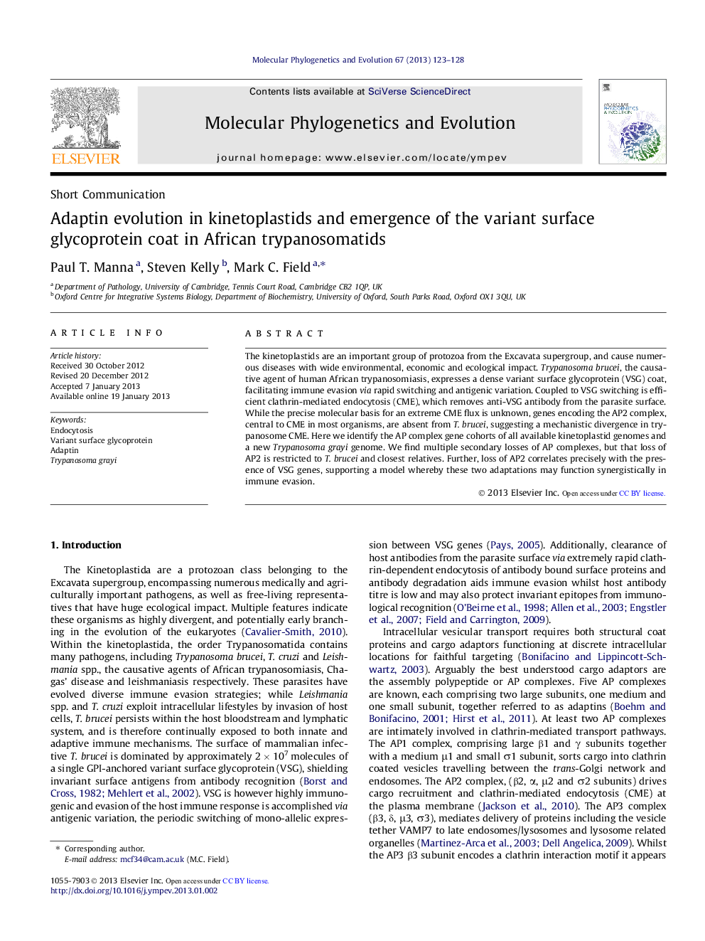 Adaptin evolution in kinetoplastids and emergence of the variant surface glycoprotein coat in African trypanosomatids