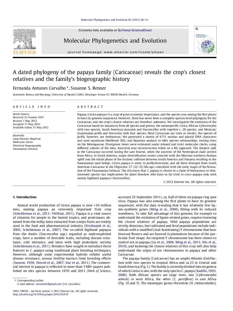 A dated phylogeny of the papaya family (Caricaceae) reveals the crop's closest relatives and the family's biogeographic history