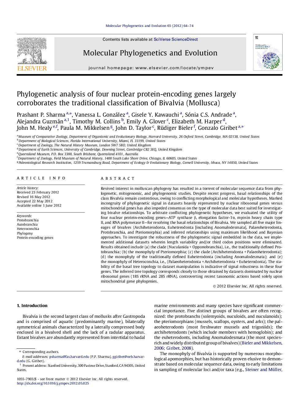 Phylogenetic analysis of four nuclear protein-encoding genes largely corroborates the traditional classification of Bivalvia (Mollusca)