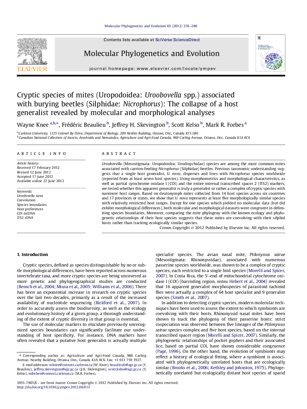 Cryptic species of mites (Uropodoidea: Uroobovella spp.) associated with burying beetles (Silphidae: Nicrophorus): The collapse of a host generalist revealed by molecular and morphological analyses