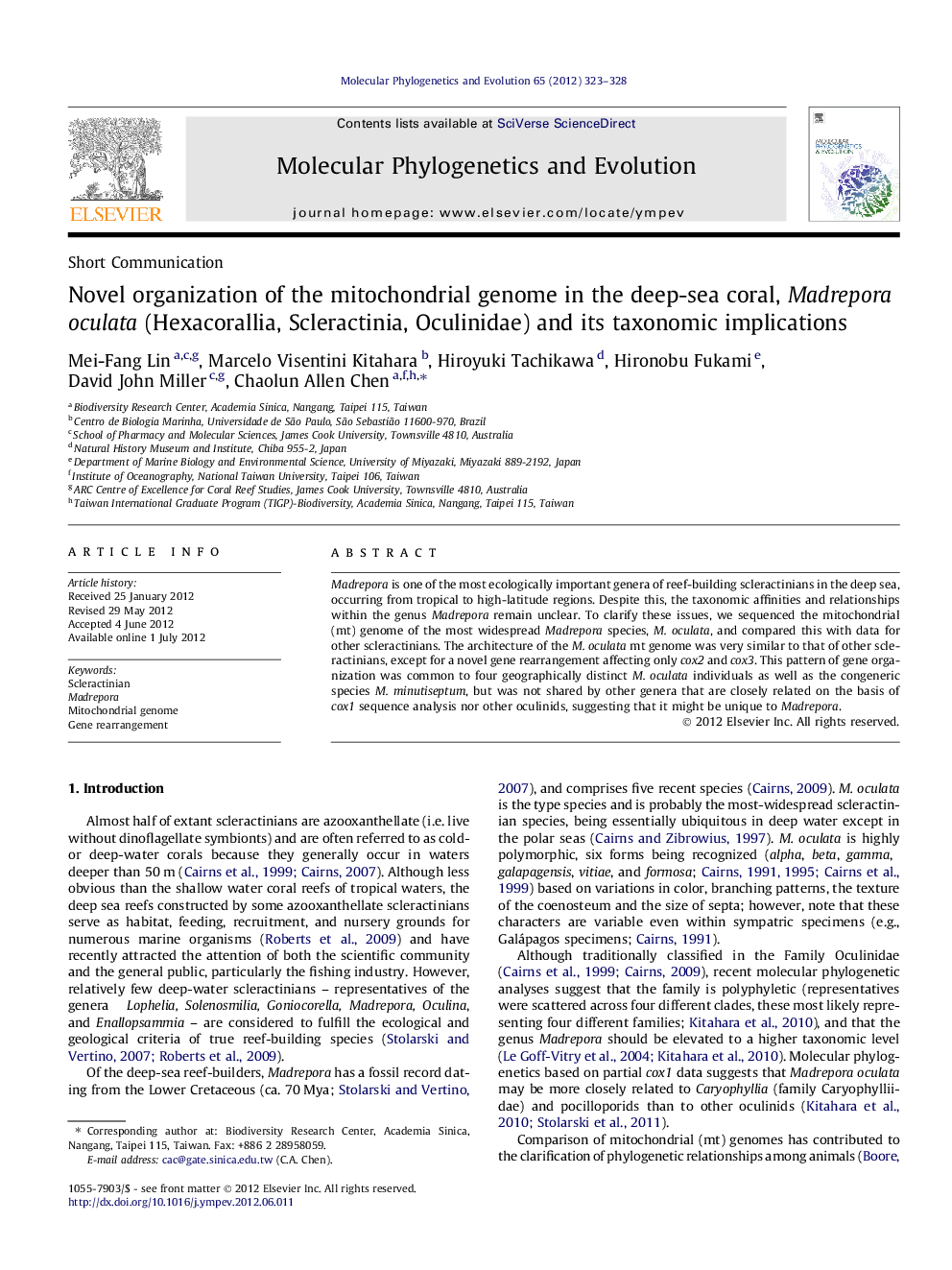 Novel organization of the mitochondrial genome in the deep-sea coral, Madrepora oculata (Hexacorallia, Scleractinia, Oculinidae) and its taxonomic implications