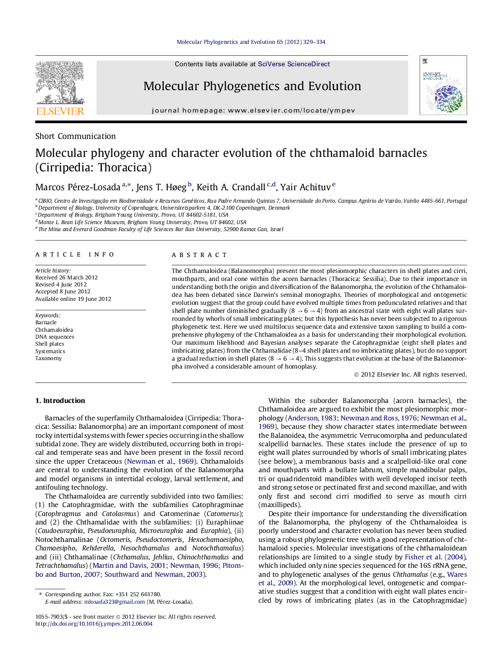 Molecular phylogeny and character evolution of the chthamaloid barnacles (Cirripedia: Thoracica)