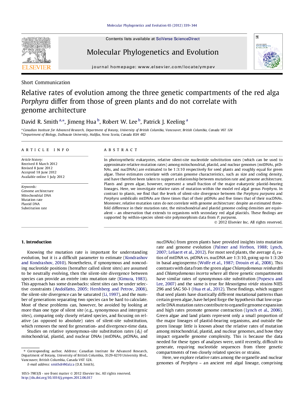 Relative rates of evolution among the three genetic compartments of the red alga Porphyra differ from those of green plants and do not correlate with genome architecture