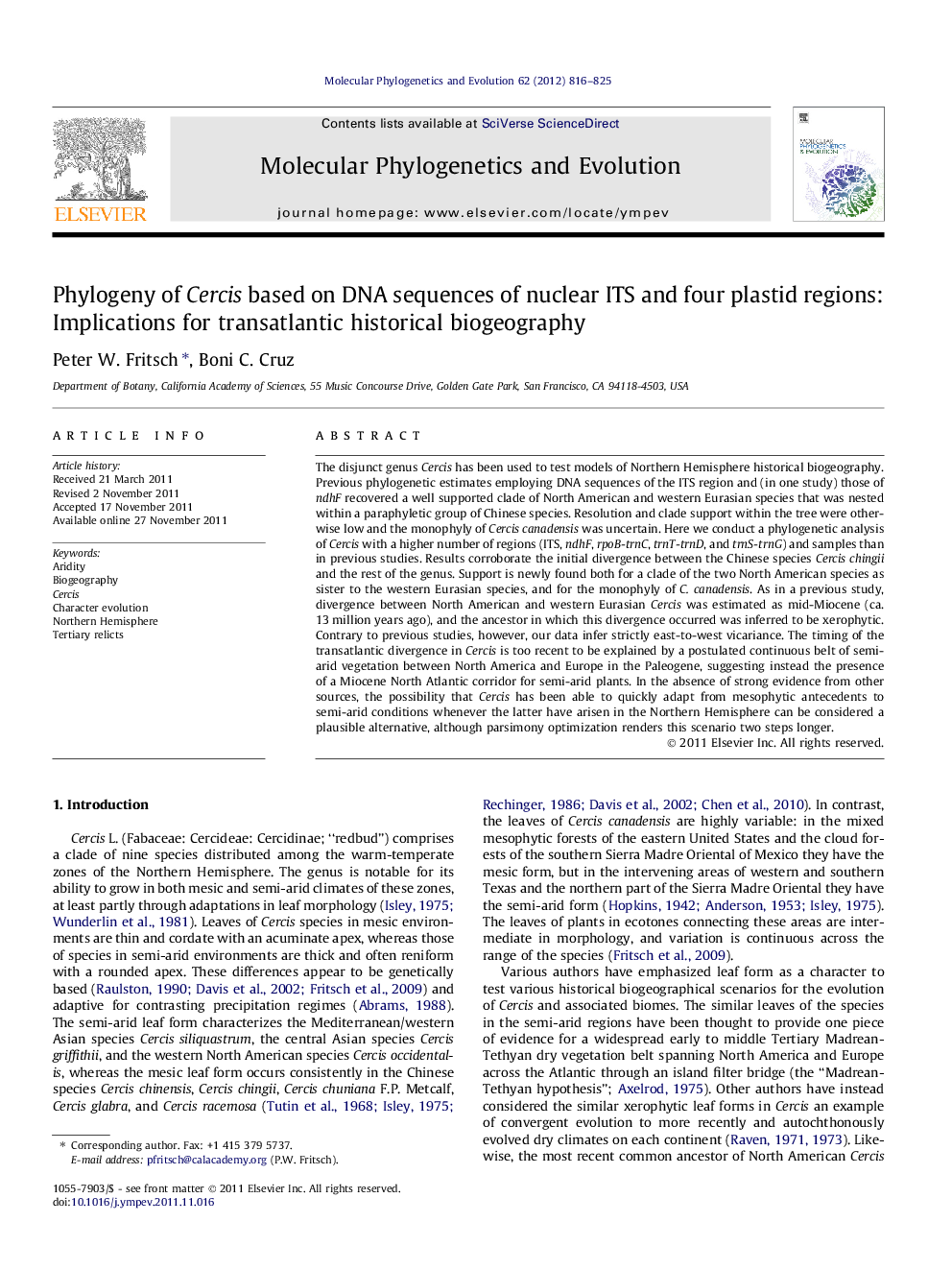 Phylogeny of Cercis based on DNA sequences of nuclear ITS and four plastid regions: Implications for transatlantic historical biogeography