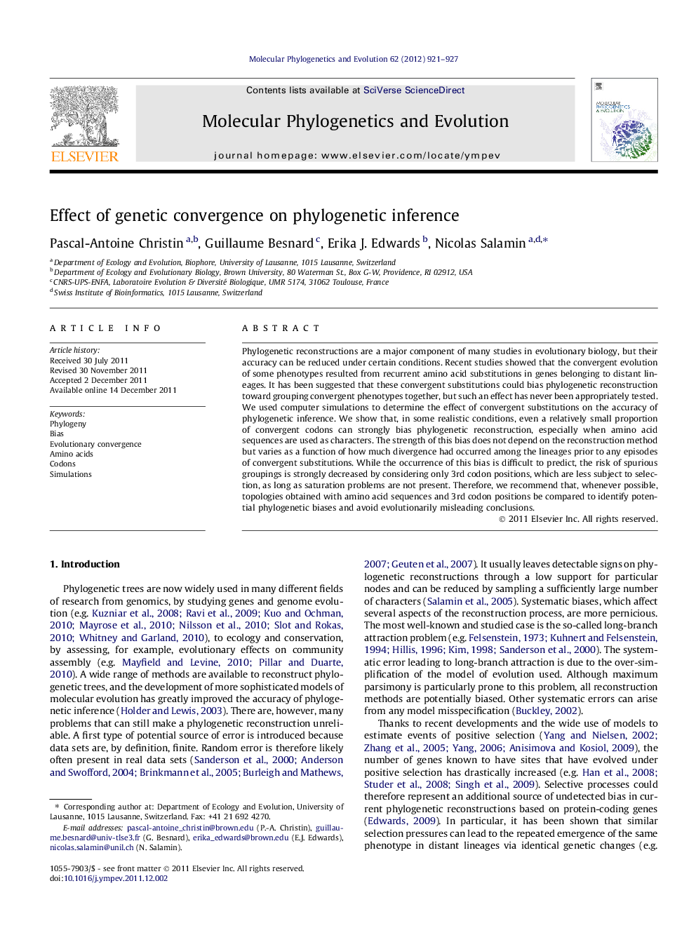 Effect of genetic convergence on phylogenetic inference