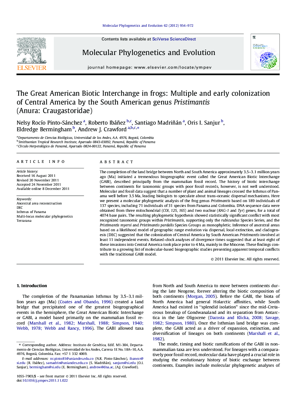 The Great American Biotic Interchange in frogs: Multiple and early colonization of Central America by the South American genus Pristimantis (Anura: Craugastoridae)