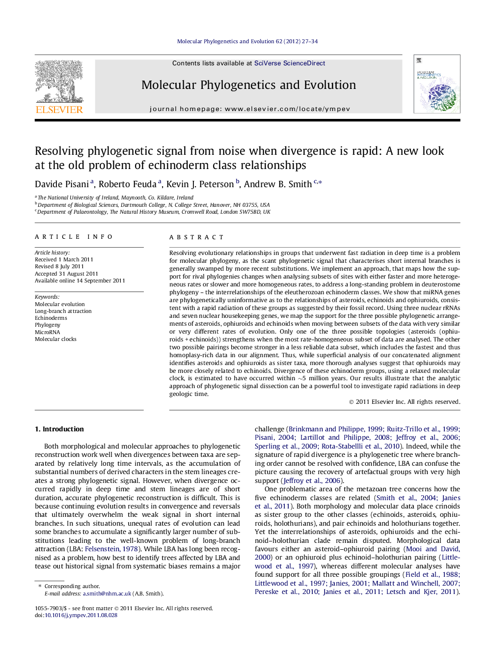 Resolving phylogenetic signal from noise when divergence is rapid: A new look at the old problem of echinoderm class relationships