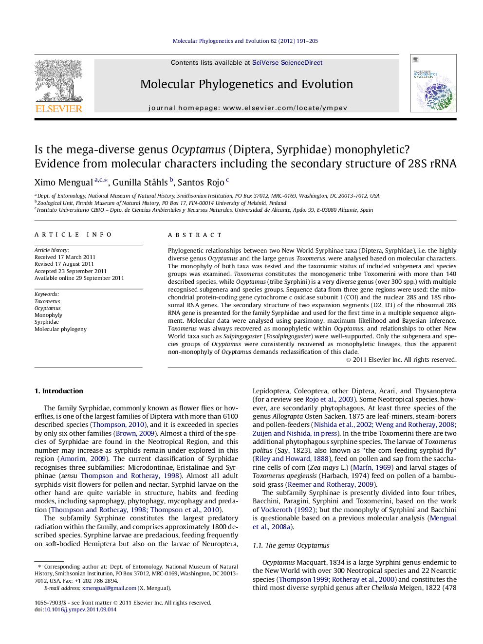 Is the mega-diverse genus Ocyptamus (Diptera, Syrphidae) monophyletic? Evidence from molecular characters including the secondary structure of 28S rRNA