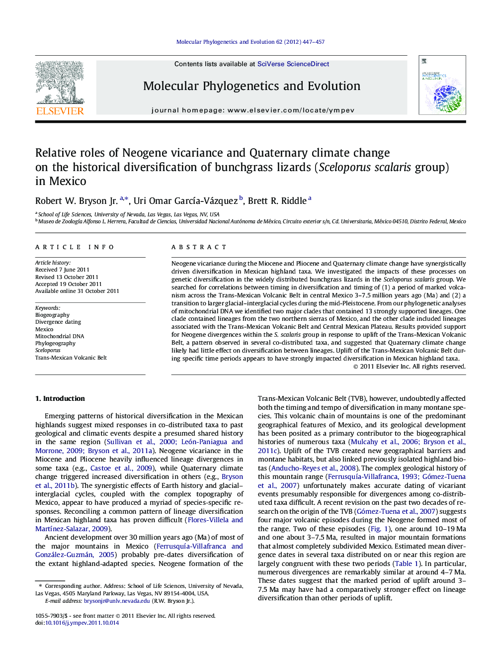 Relative roles of Neogene vicariance and Quaternary climate change on the historical diversification of bunchgrass lizards (Sceloporus scalaris group) in Mexico