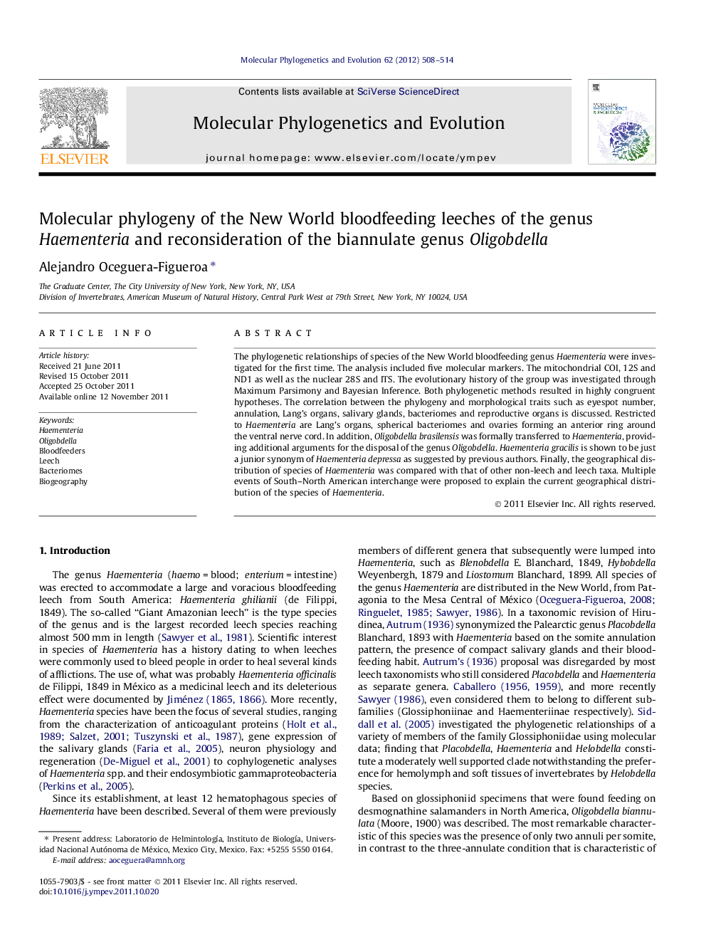 Molecular phylogeny of the New World bloodfeeding leeches of the genus Haementeria and reconsideration of the biannulate genus Oligobdella