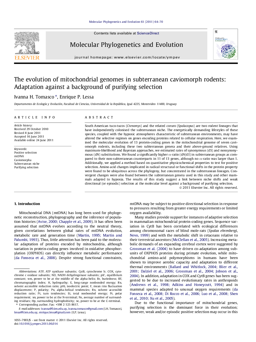 عکس صفحه اول مقاله: The evolution of mitochondrial genomes in subterranean caviomorph rodents: Adaptation against a background of purifying selection The evolution of mitochondrial genomes in subterranean caviomorph rodents: Adaptation against a background of purifying selection