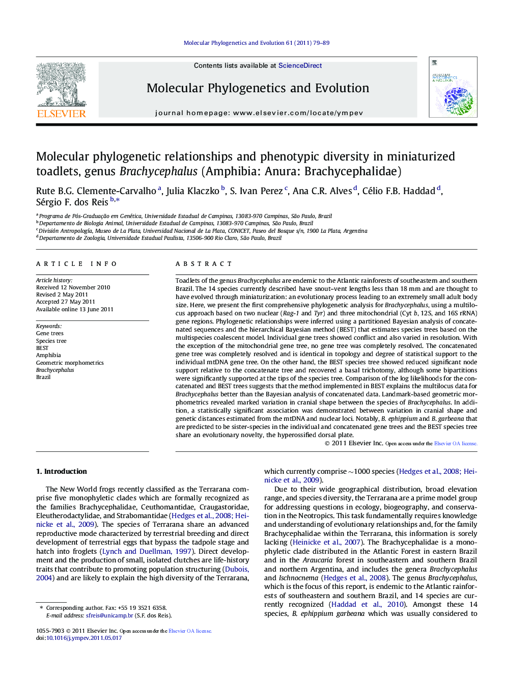 Molecular phylogenetic relationships and phenotypic diversity in miniaturized toadlets, genus Brachycephalus (Amphibia: Anura: Brachycephalidae)