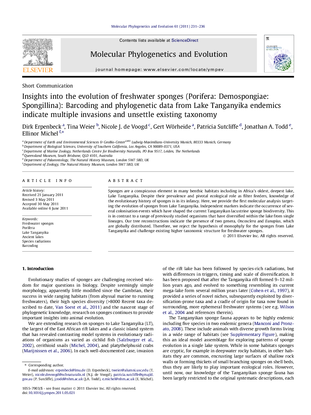 Insights into the evolution of freshwater sponges (Porifera: Demospongiae: Spongillina): Barcoding and phylogenetic data from Lake Tanganyika endemics indicate multiple invasions and unsettle existing taxonomy