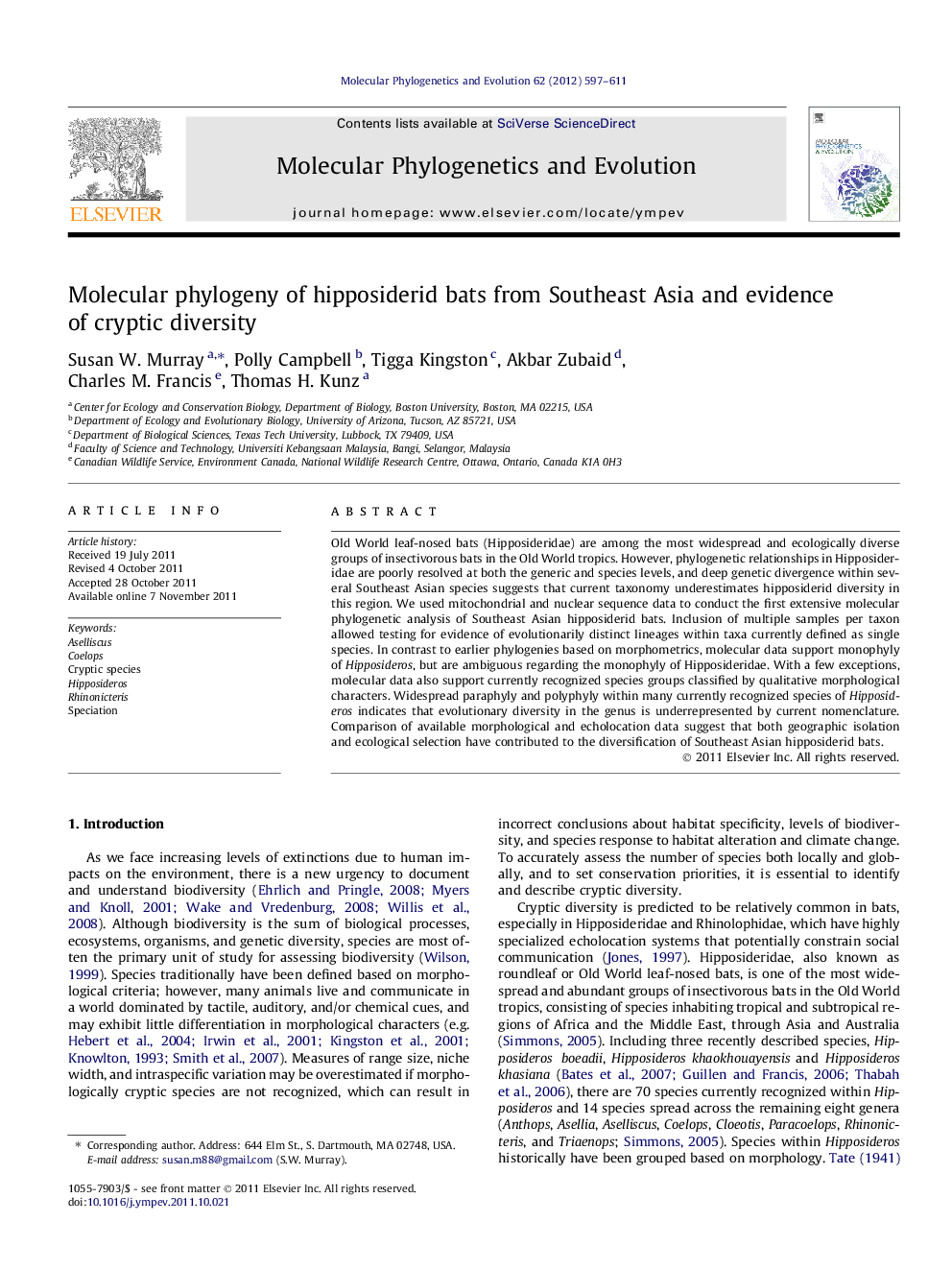 Molecular phylogeny of hipposiderid bats from Southeast Asia and evidence of cryptic diversity