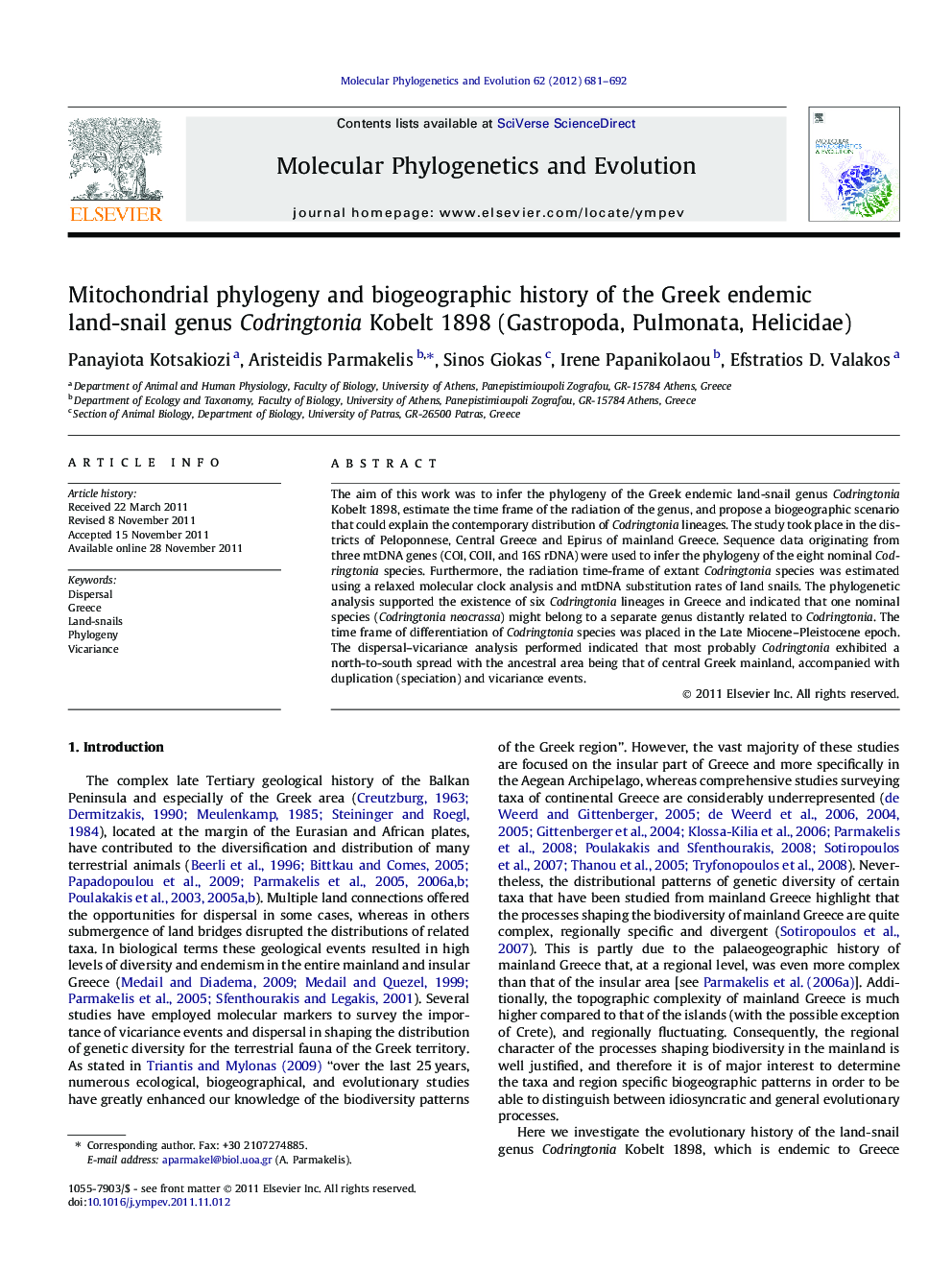 Mitochondrial phylogeny and biogeographic history of the Greek endemic land-snail genus Codringtonia Kobelt 1898 (Gastropoda, Pulmonata, Helicidae)