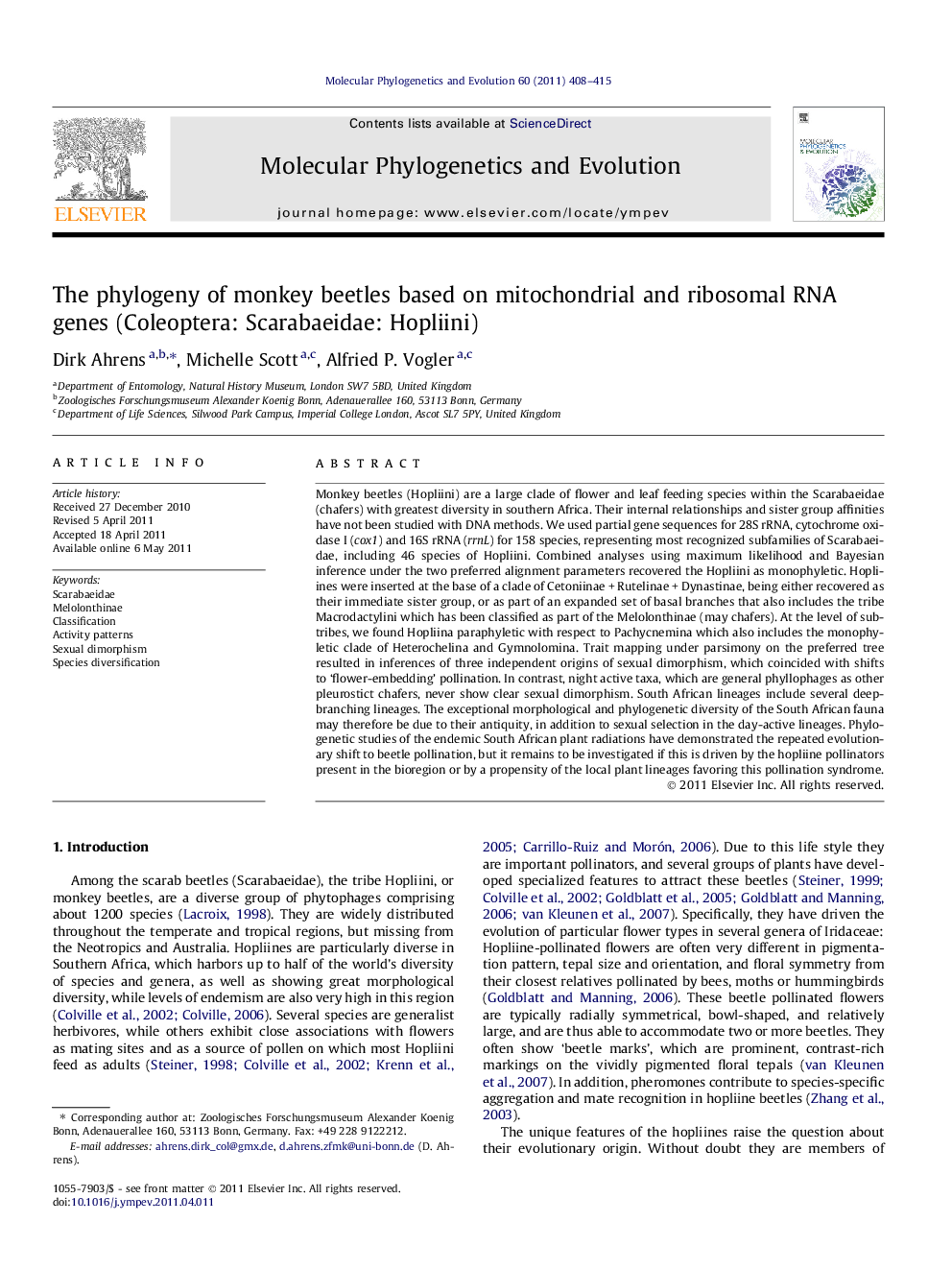 The phylogeny of monkey beetles based on mitochondrial and ribosomal RNA genes (Coleoptera: Scarabaeidae: Hopliini)