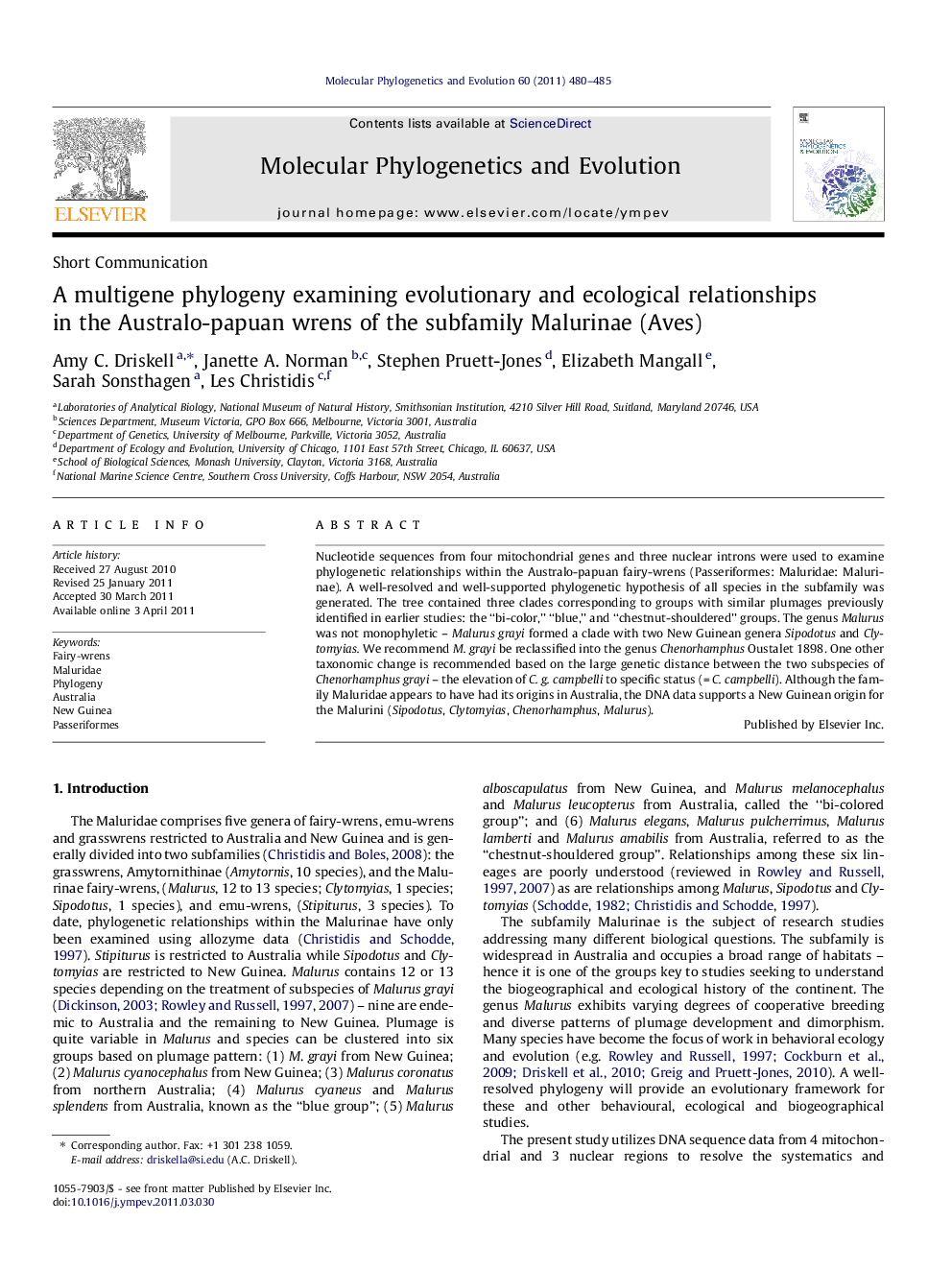 A multigene phylogeny examining evolutionary and ecological relationships in the Australo-papuan wrens of the subfamily Malurinae (Aves)