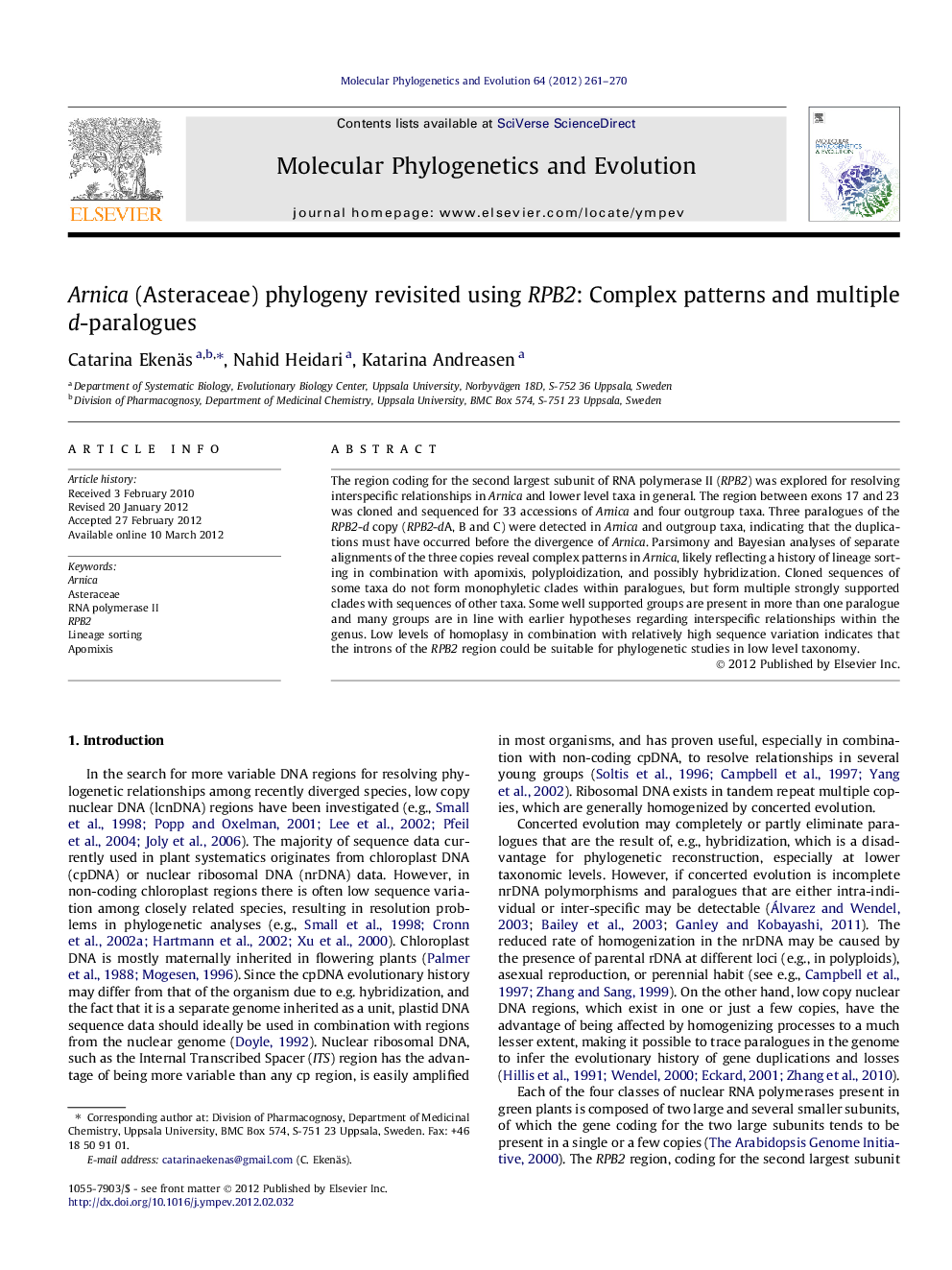 Arnica (Asteraceae) phylogeny revisited using RPB2: Complex patterns and multiple d-paralogues