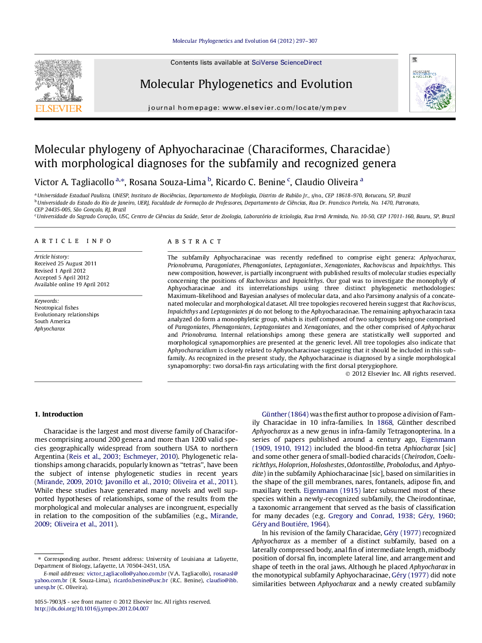 Molecular phylogeny of Aphyocharacinae (Characiformes, Characidae) with morphological diagnoses for the subfamily and recognized genera