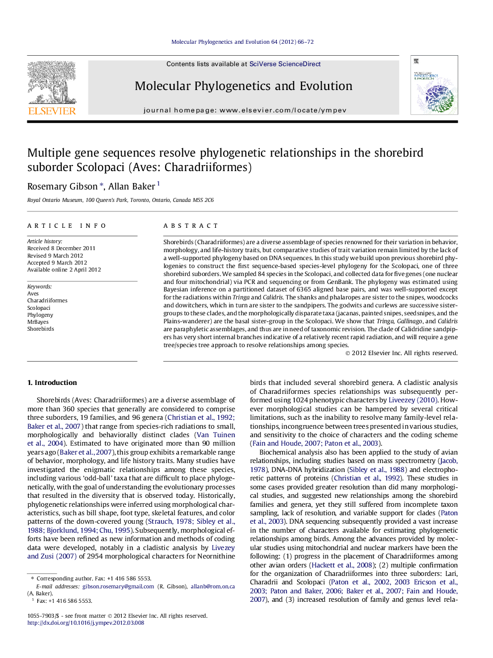 Multiple gene sequences resolve phylogenetic relationships in the shorebird suborder Scolopaci (Aves: Charadriiformes)