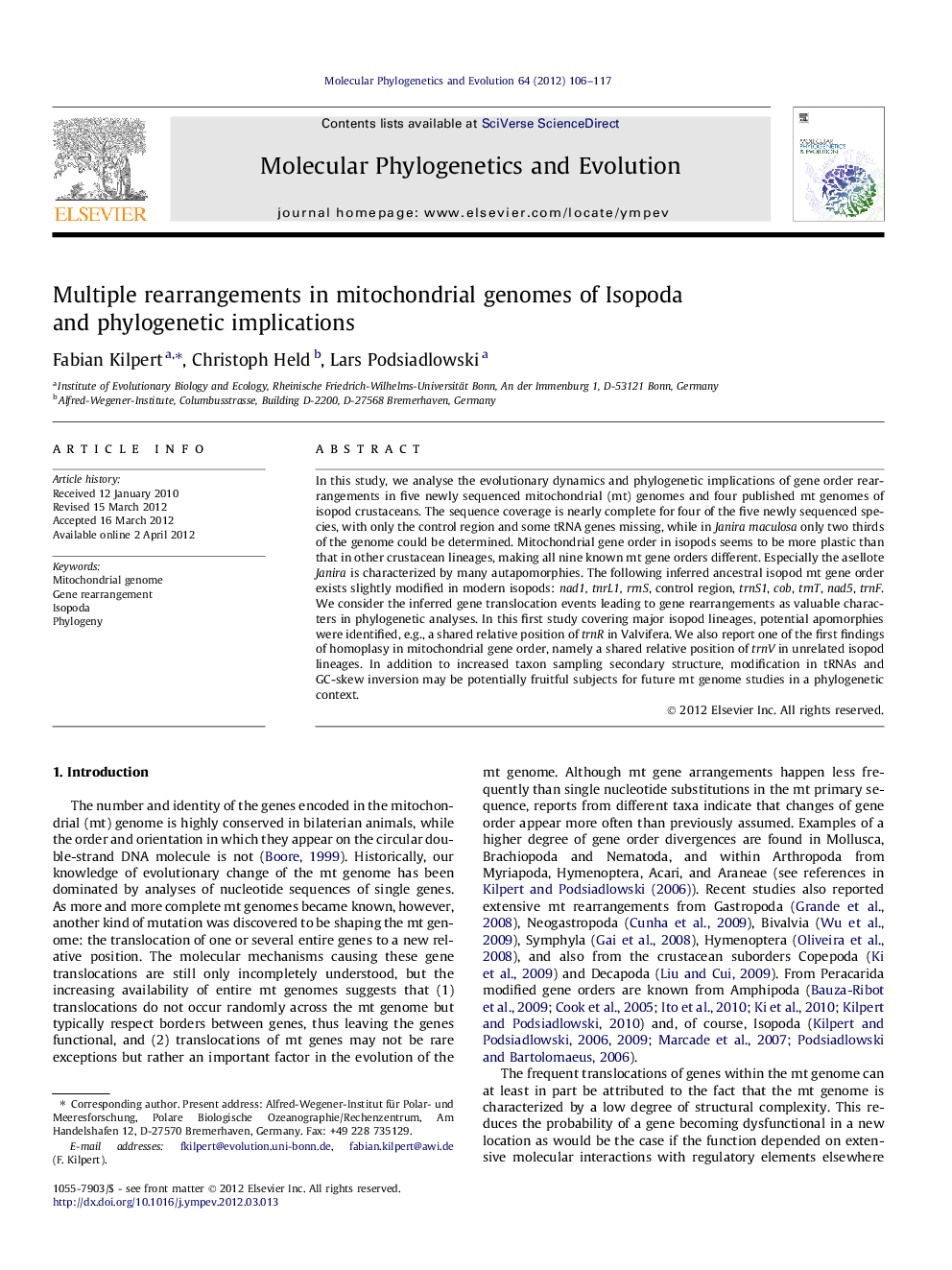 Multiple rearrangements in mitochondrial genomes of Isopoda and phylogenetic implications