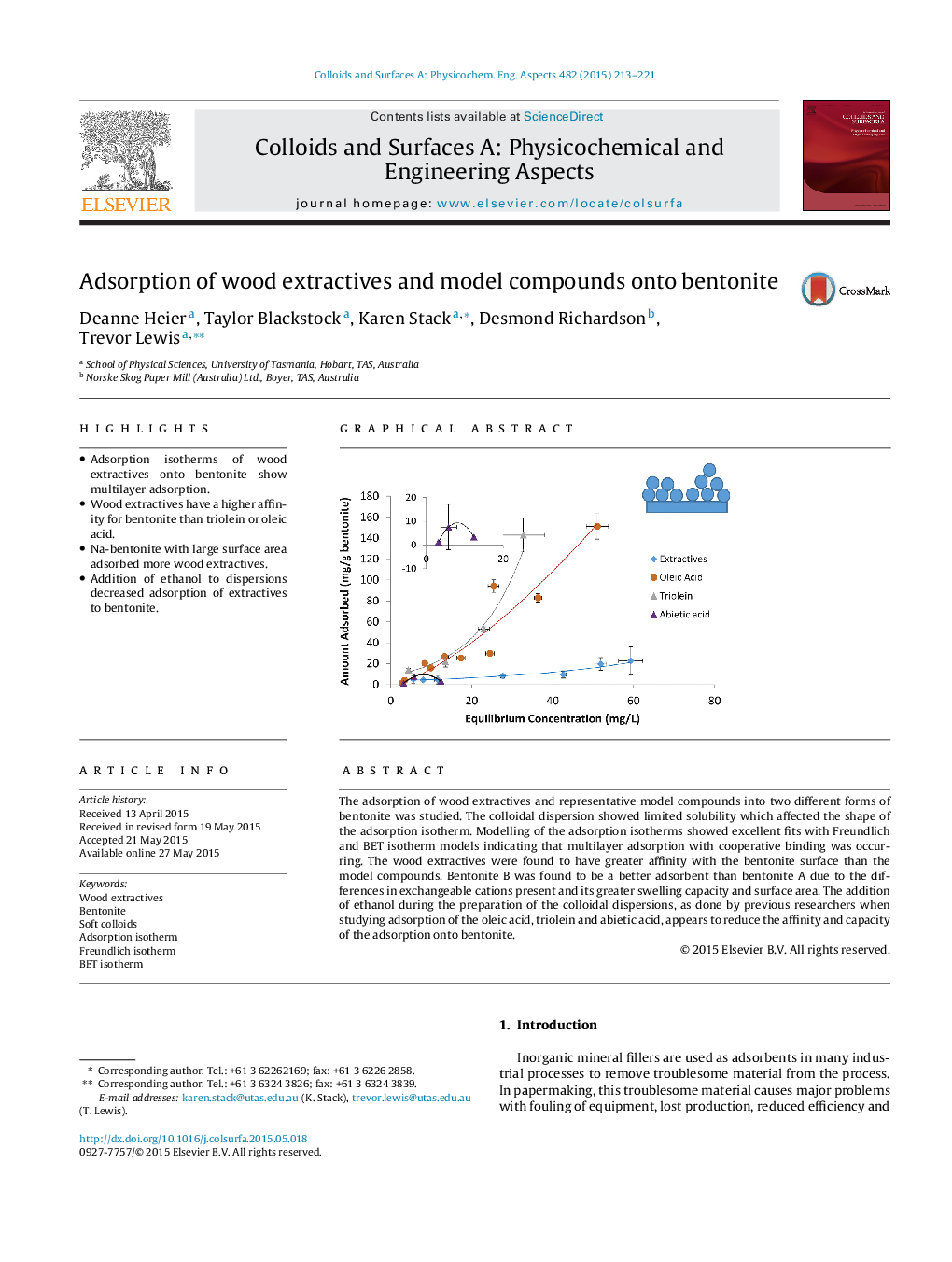 Adsorption of wood extractives and model compounds onto bentonite