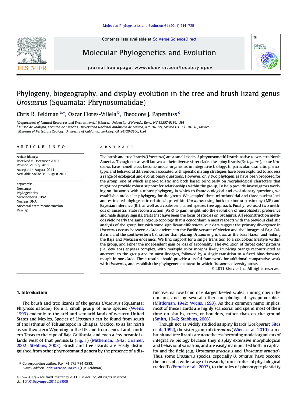 Phylogeny, biogeography, and display evolution in the tree and brush lizard genus Urosaurus (Squamata: Phrynosomatidae)