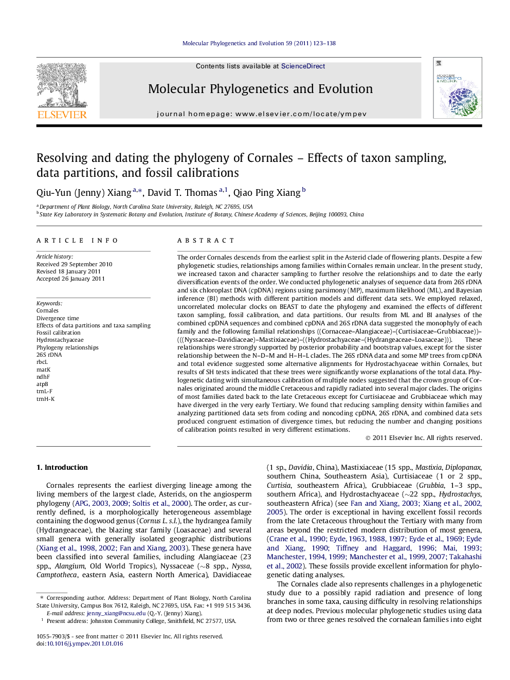 Resolving and dating the phylogeny of Cornales - Effects of taxon sampling, data partitions, and fossil calibrations