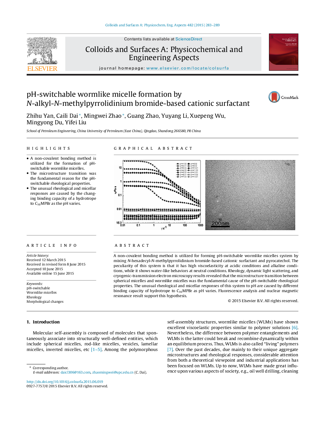 pH-switchable wormlike micelle formation by N-alkyl-N-methylpyrrolidinium bromide-based cationic surfactant