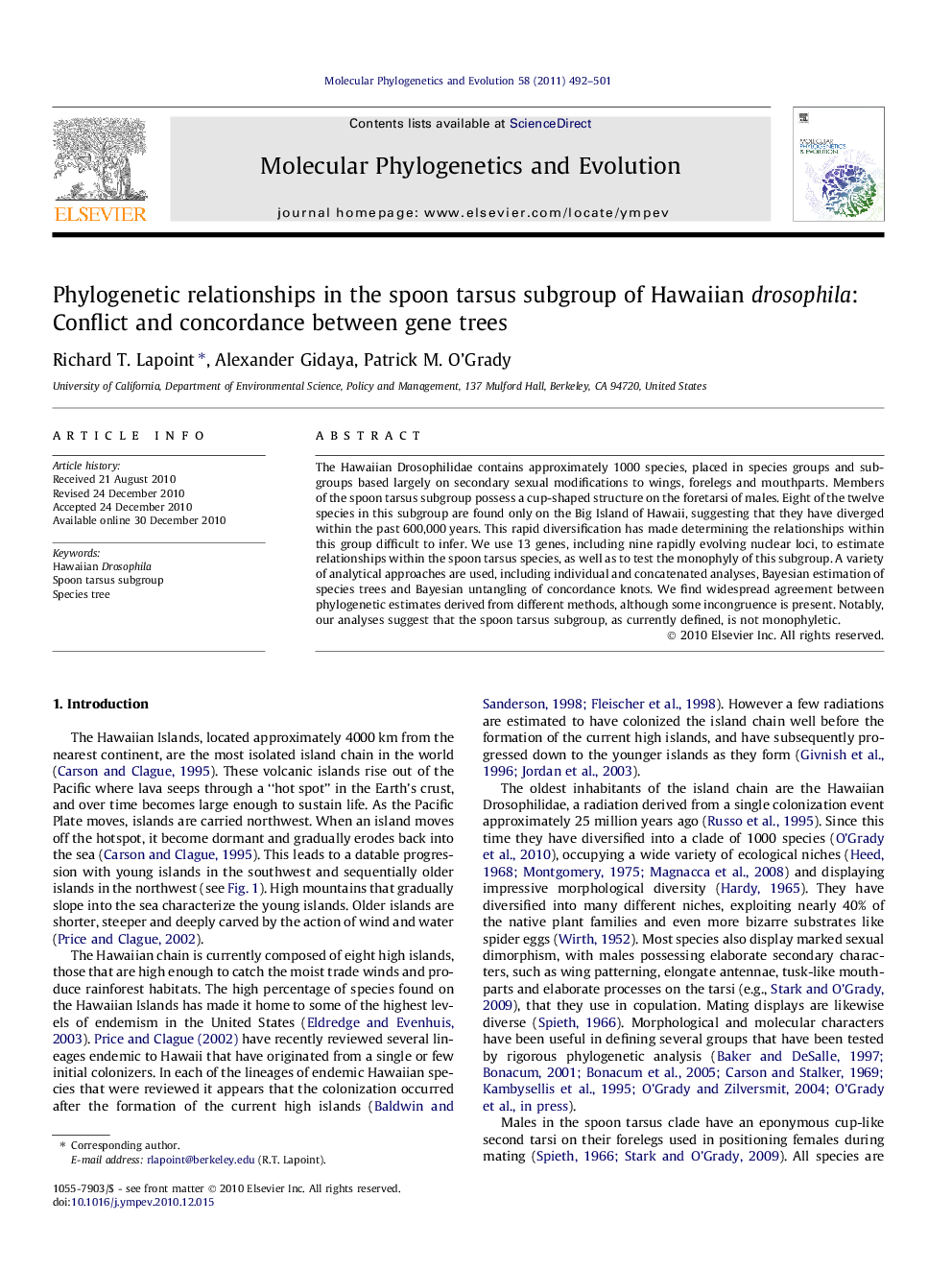 Phylogenetic relationships in the spoon tarsus subgroup of Hawaiian drosophila: Conflict and concordance between gene trees