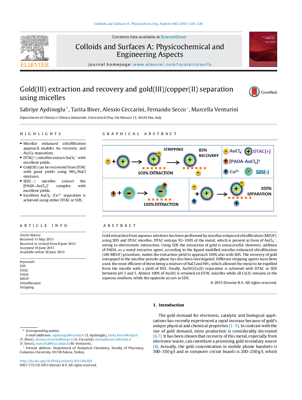 Gold(III) extraction and recovery and gold(III)/copper(II) separation using micelles