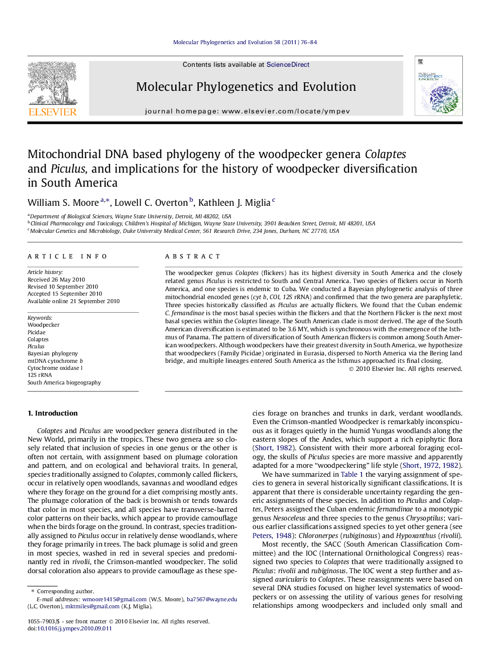 Mitochondrial DNA based phylogeny of the woodpecker genera Colaptes and Piculus, and implications for the history of woodpecker diversification in South America