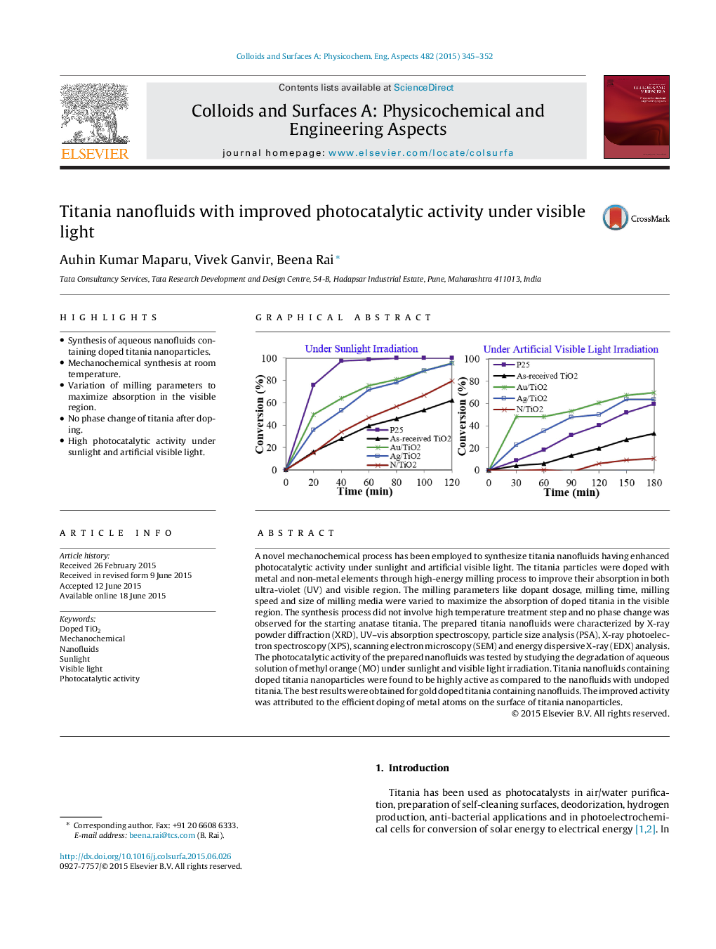 Titania nanofluids with improved photocatalytic activity under visible light