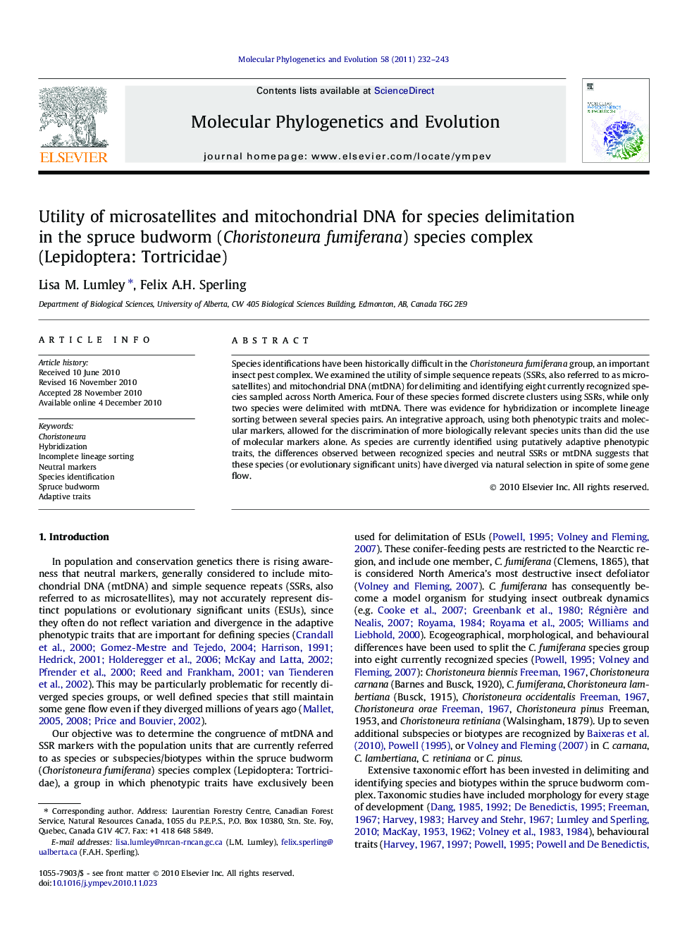 Utility of microsatellites and mitochondrial DNA for species delimitation in the spruce budworm (Choristoneura fumiferana) species complex (Lepidoptera: Tortricidae)