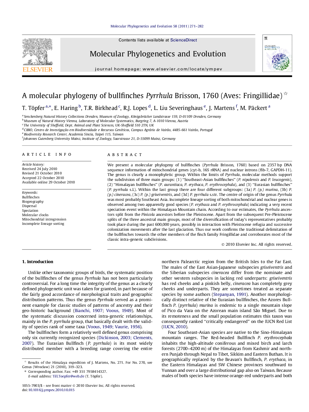 A molecular phylogeny of bullfinches Pyrrhula Brisson, 1760 (Aves: Fringillidae)