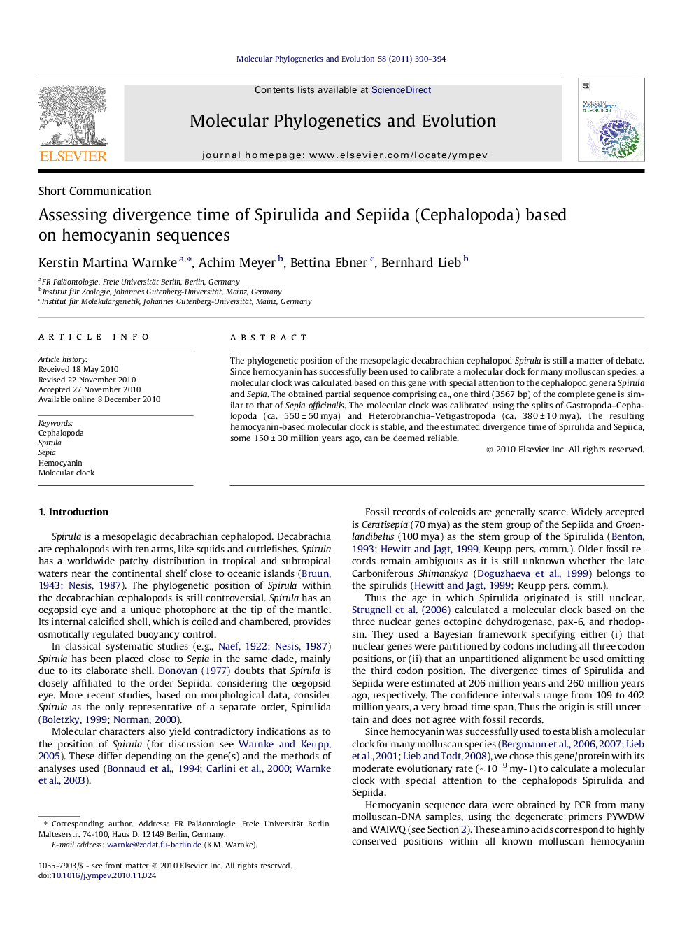 Assessing divergence time of Spirulida and Sepiida (Cephalopoda) based on hemocyanin sequences