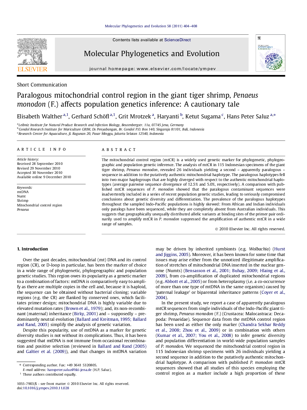 Paralogous mitochondrial control region in the giant tiger shrimp, Penaeus monodon (F.) affects population genetics inference: A cautionary tale