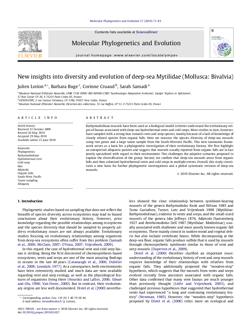 New insights into diversity and evolution of deep-sea Mytilidae (Mollusca: Bivalvia)