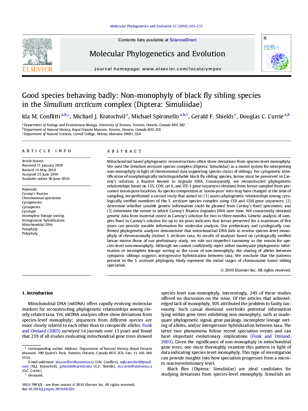 Good species behaving badly: Non-monophyly of black fly sibling species in the Simulium arcticum complex (Diptera: Simuliidae)