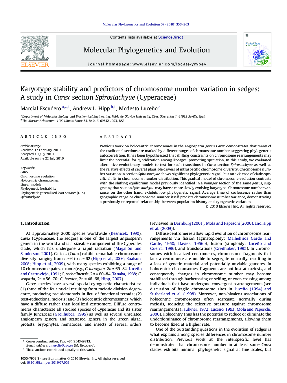 Karyotype stability and predictors of chromosome number variation in sedges: A study in Carex section Spirostachyae (Cyperaceae)