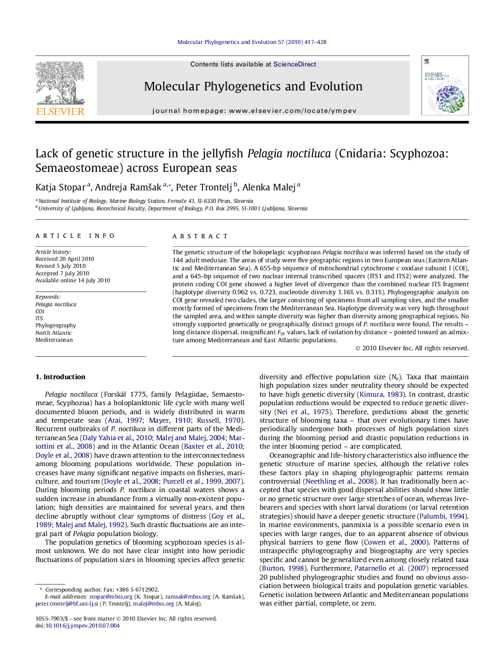 Lack of genetic structure in the jellyfish Pelagia noctiluca (Cnidaria: Scyphozoa: Semaeostomeae) across European seas