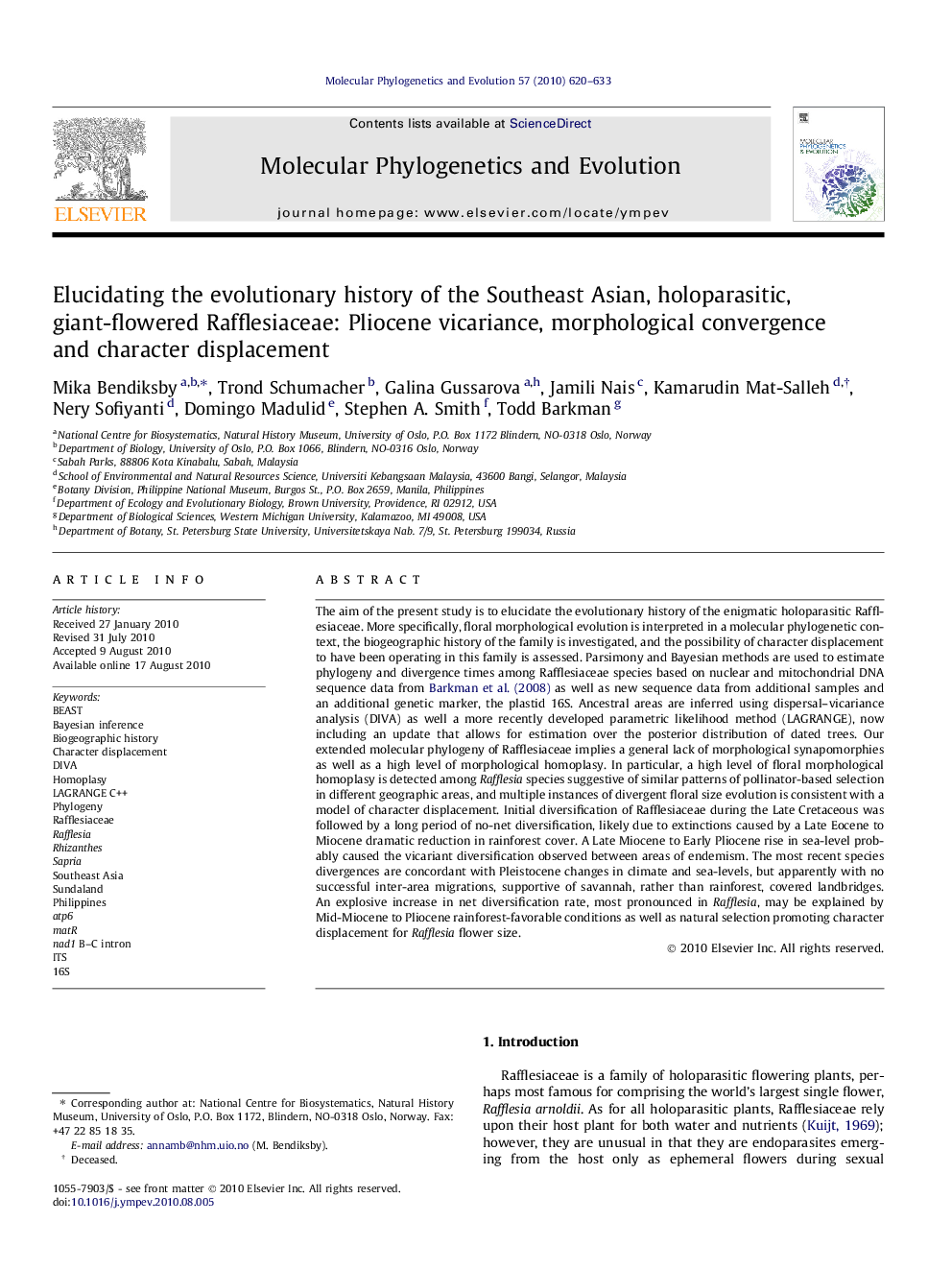 Elucidating the evolutionary history of the Southeast Asian, holoparasitic, giant-flowered Rafflesiaceae: Pliocene vicariance, morphological convergence and character displacement