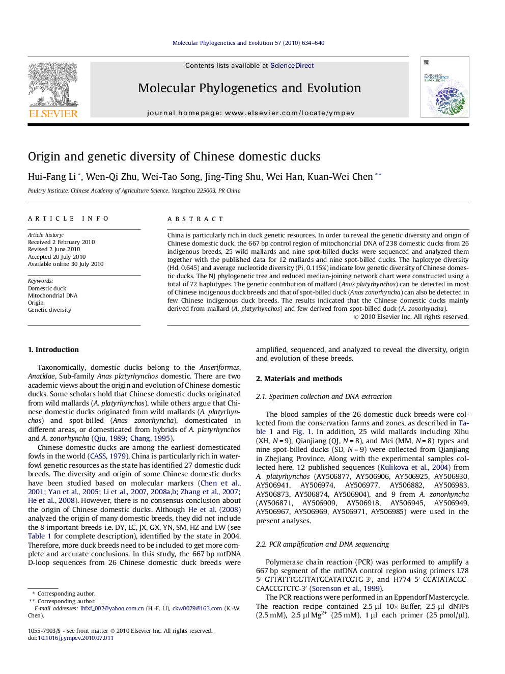 Origin and genetic diversity of Chinese domestic ducks