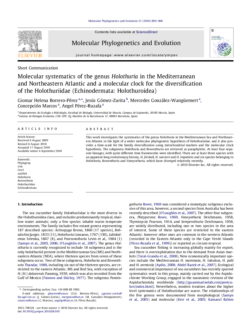 Molecular systematics of the genus Holothuria in the Mediterranean and Northeastern Atlantic and a molecular clock for the diversification of the Holothuriidae (Echinodermata: Holothuroidea)