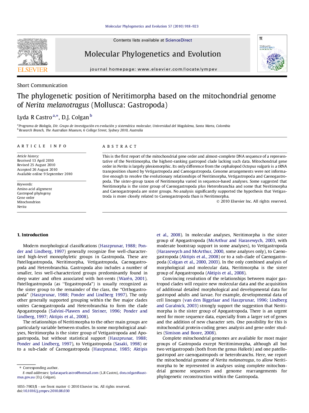 The phylogenetic position of Neritimorpha based on the mitochondrial genome of Nerita melanotragus (Mollusca: Gastropoda)