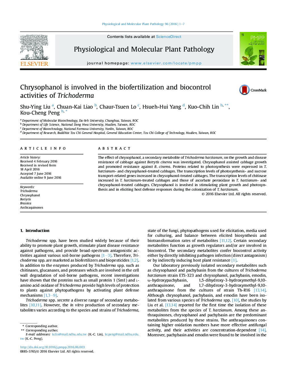 Chrysophanol is involved in the biofertilization and biocontrol activities of Trichoderma