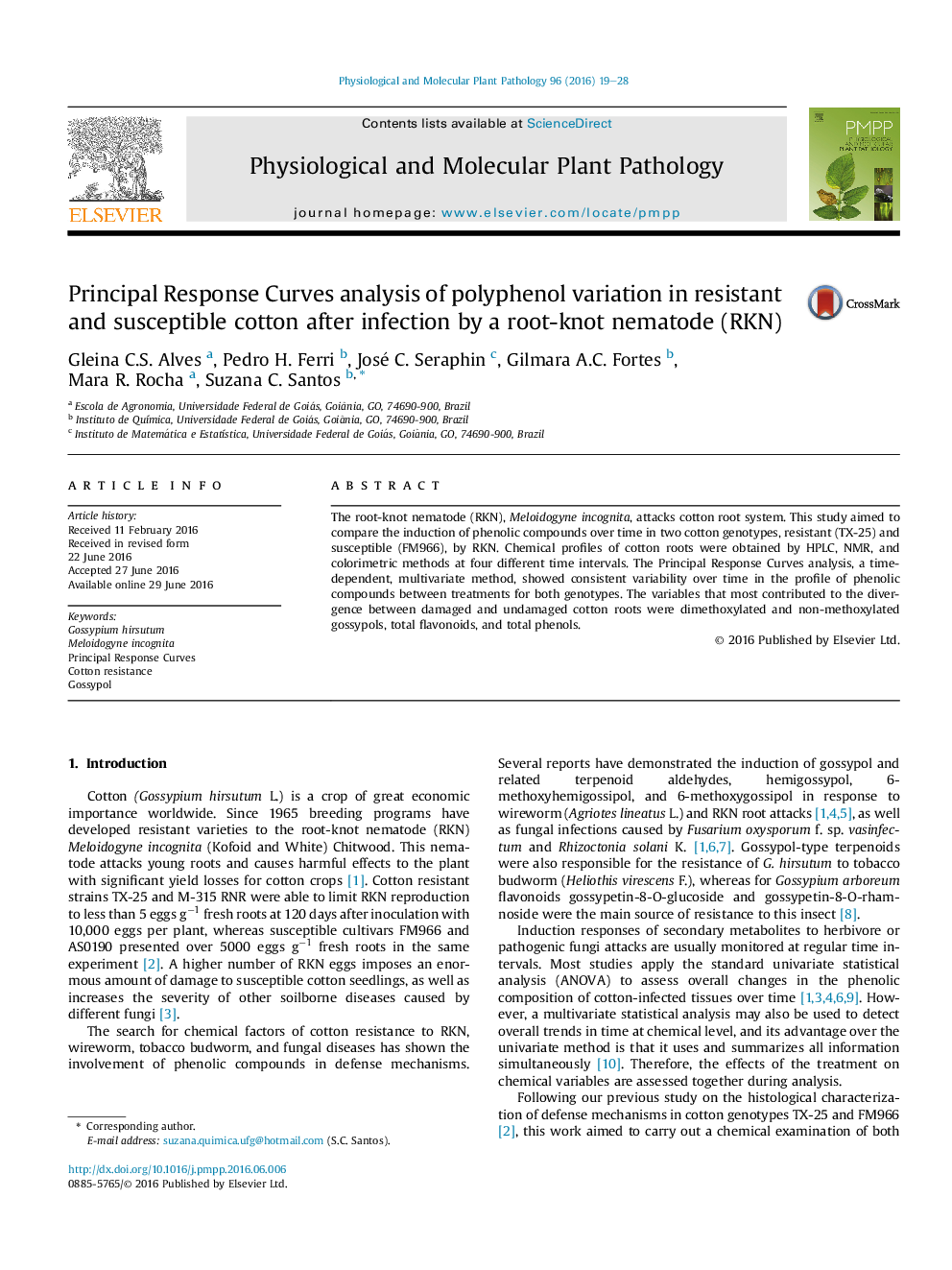 Principal Response Curves analysis of polyphenol variation in resistant and susceptible cotton after infection by a root-knot nematode (RKN)